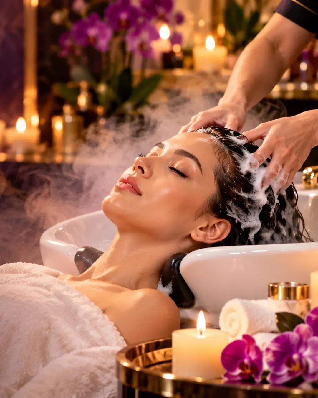 A guest relaxing during a head spa treatment, surrounded by candles and orchids